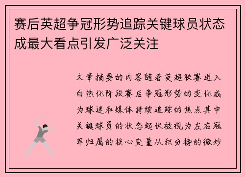 赛后英超争冠形势追踪关键球员状态成最大看点引发广泛关注 赛后英超争冠形势追踪关键球员状态成最大看点引发广泛关注